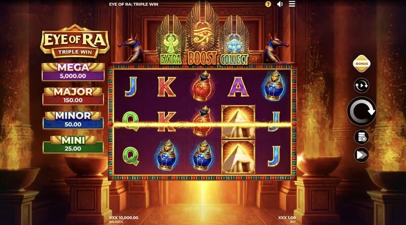 Eye of Ra Triple Win - প্রধান খেলার স্ক্রিন যেখানে পাঁচটি রিল রয়েছে